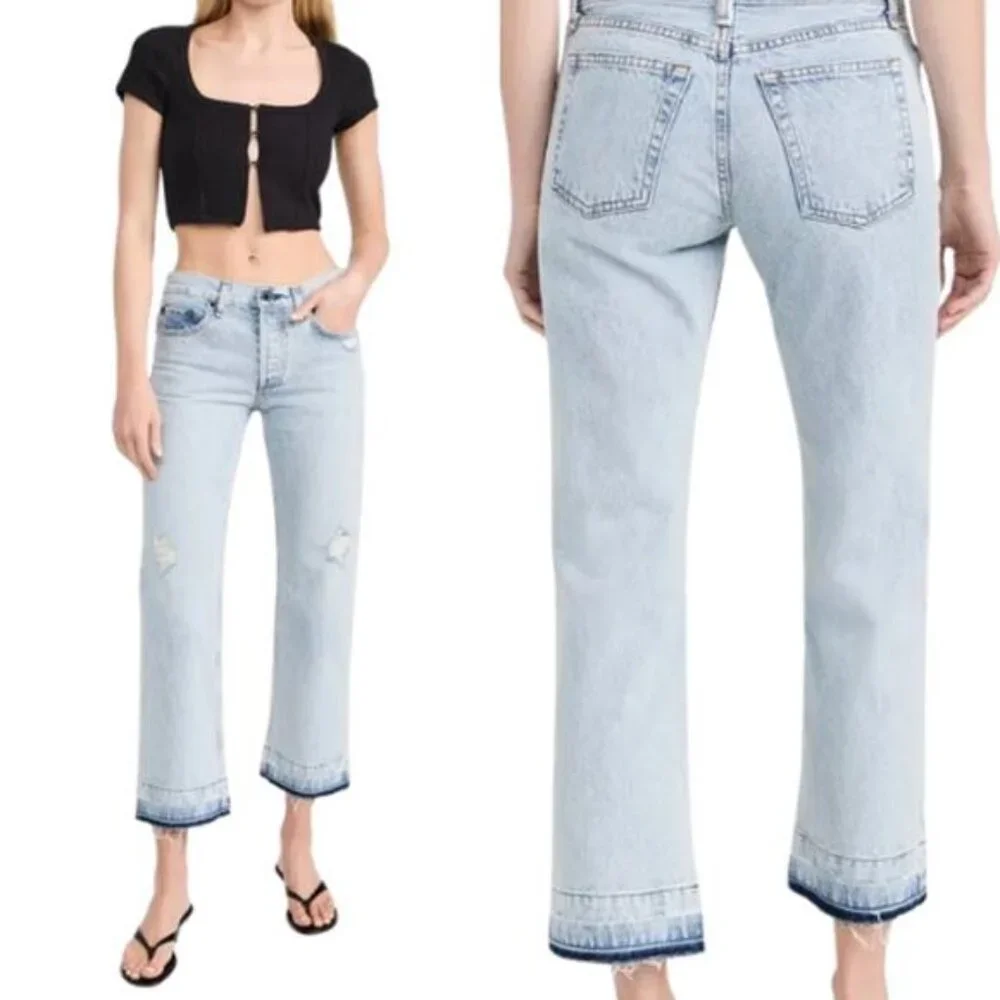 NEW ASKK NY Frayed Hem Distressed Detailing Crop Jeans Light Blue Wash Size: 25